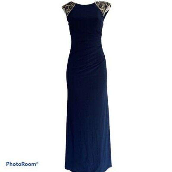 Xscape by Joanna Chen navy embellished shoulder long gown. Size 8. - Picture 1 of 9